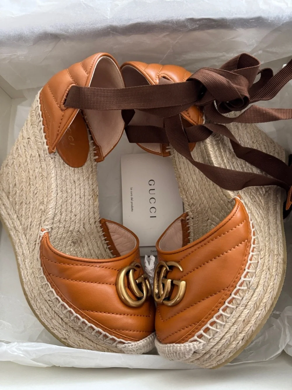 ✨ Gucci Marmont Espadrille Platform Sandals – Cognac Leather (Size 36) ✨